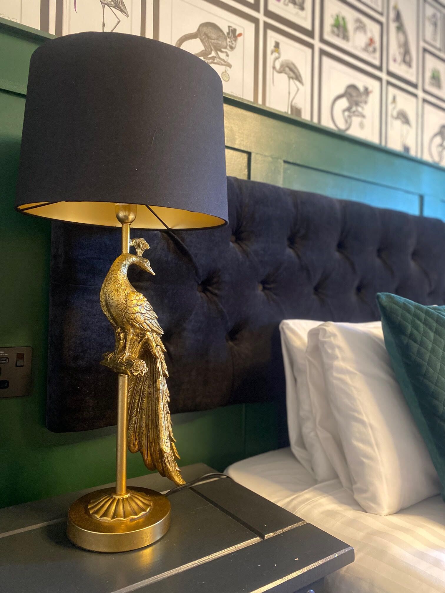 A bed with a dark blue headboard, a gold decorative lamp with a black shade, and a wall with framed animal illustrations.
