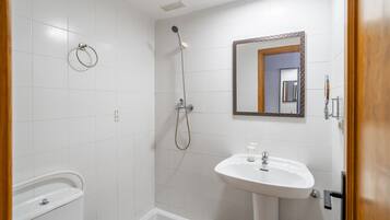 A bathroom with a shower, toilet, and sink.