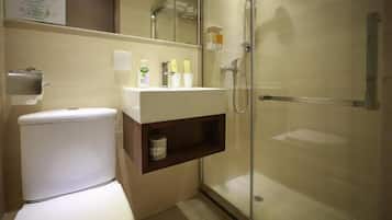 Shower, free toiletries, hair dryer, slippers