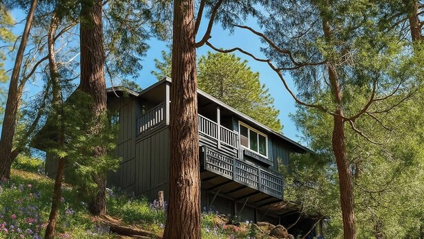 A cabin with a balcony, surrounded by trees and wildflowers.