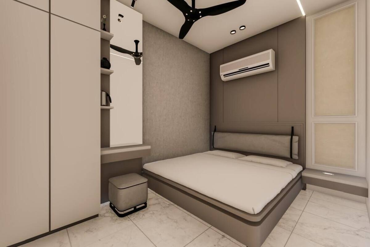 A modern bedroom with a bed, built-in wardrobe, air conditioning unit, and a small trash bin.