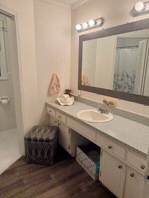Secadora de cabello, toallas, jabón, papel de baño 