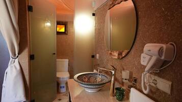 Hair dryer, towels, soap, toilet paper