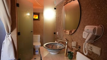 Hair dryer, towels, soap, shampoo