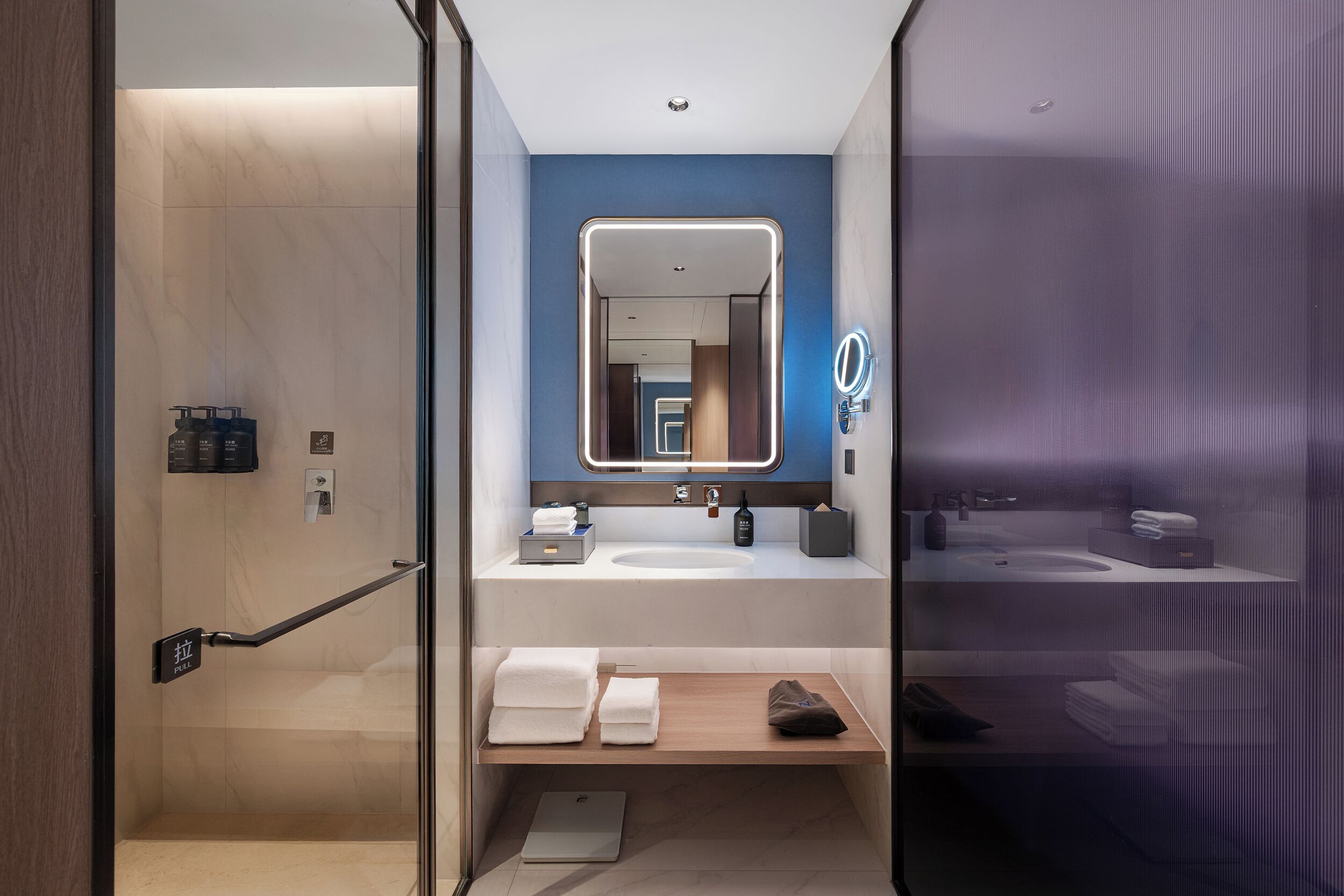 Hair dryer, bathrobes, slippers, towels