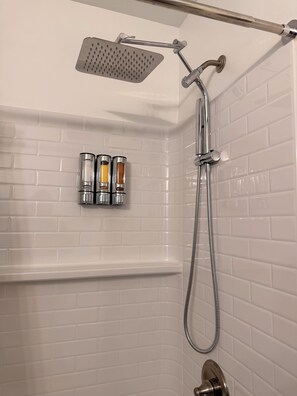 Hair dryer, towels, soap, shampoo