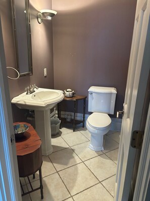 Tina de hidromasaje, toallas, jabón, papel de baño 