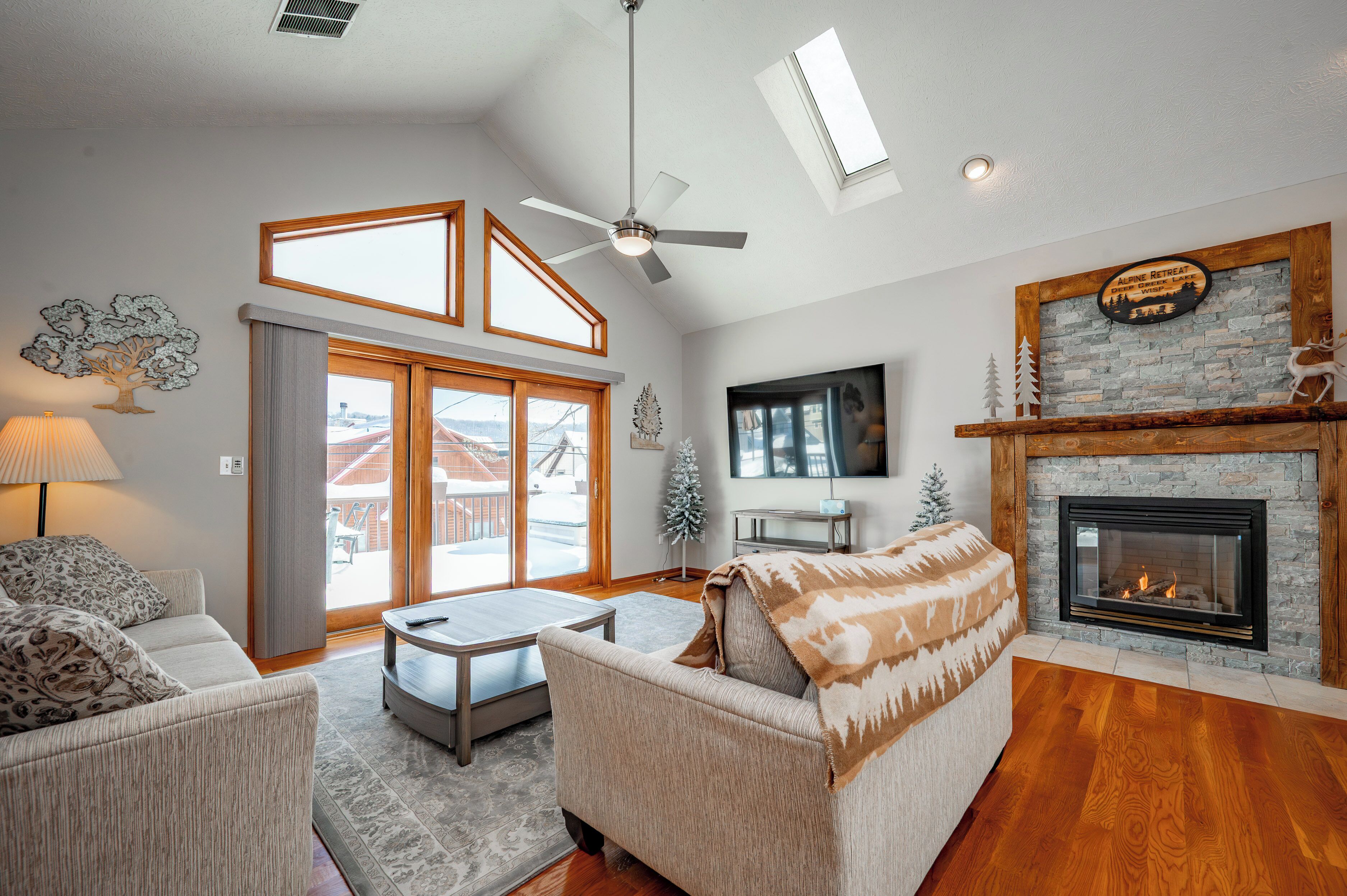 Smart TV, fireplace, foosball