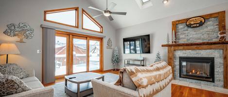 Smart TV, fireplace, foosball