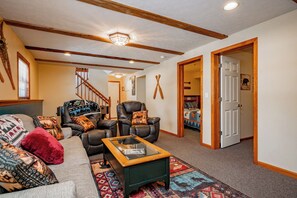 Smart TV, fireplace, foosball