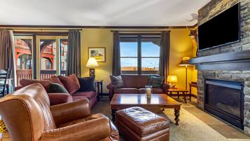 Smart TV, lareira, livros