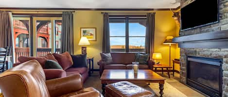 Smart TV, fireplace, books