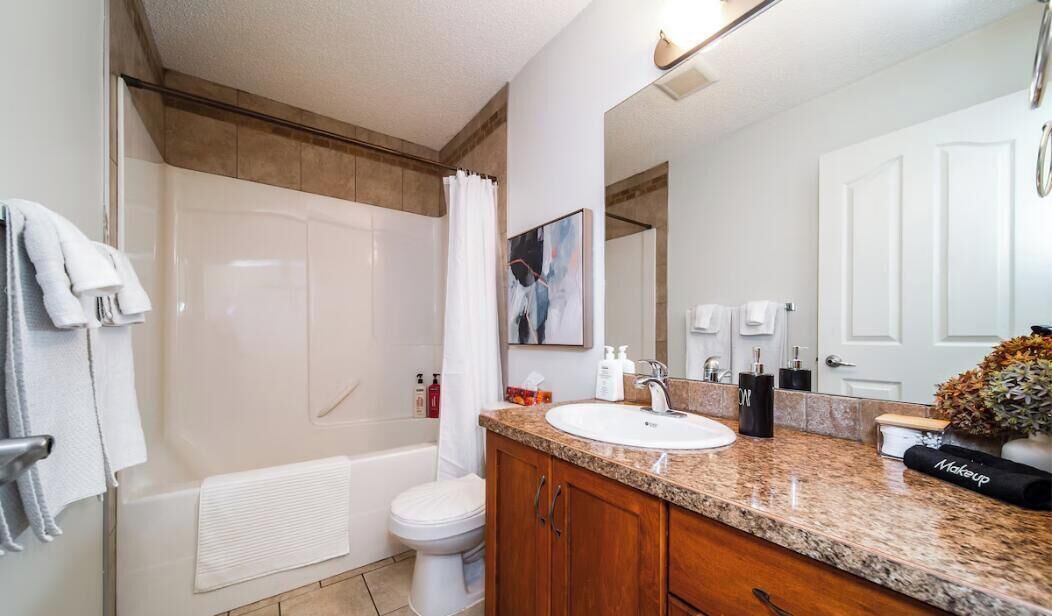 Hair dryer, towels, soap, shampoo