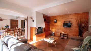 Una televisión, una chimenea, libros