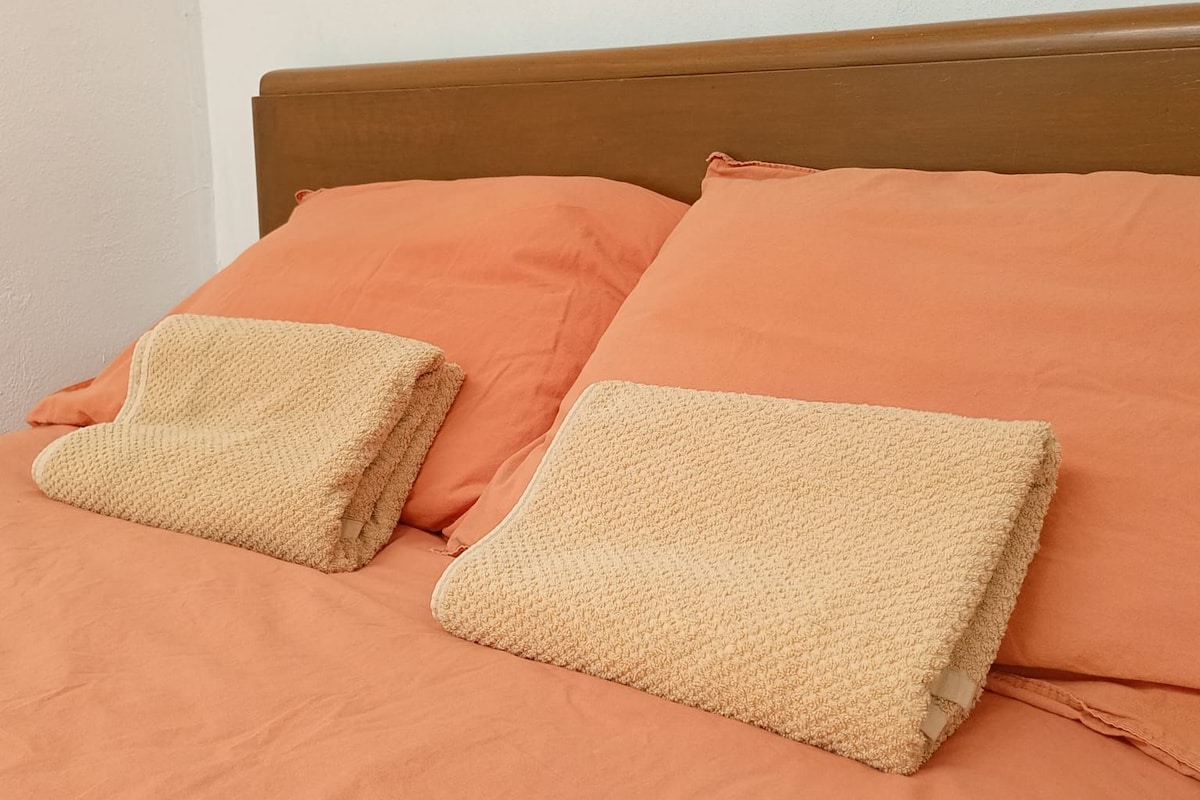 A bed with two pillows and two folded blankets.