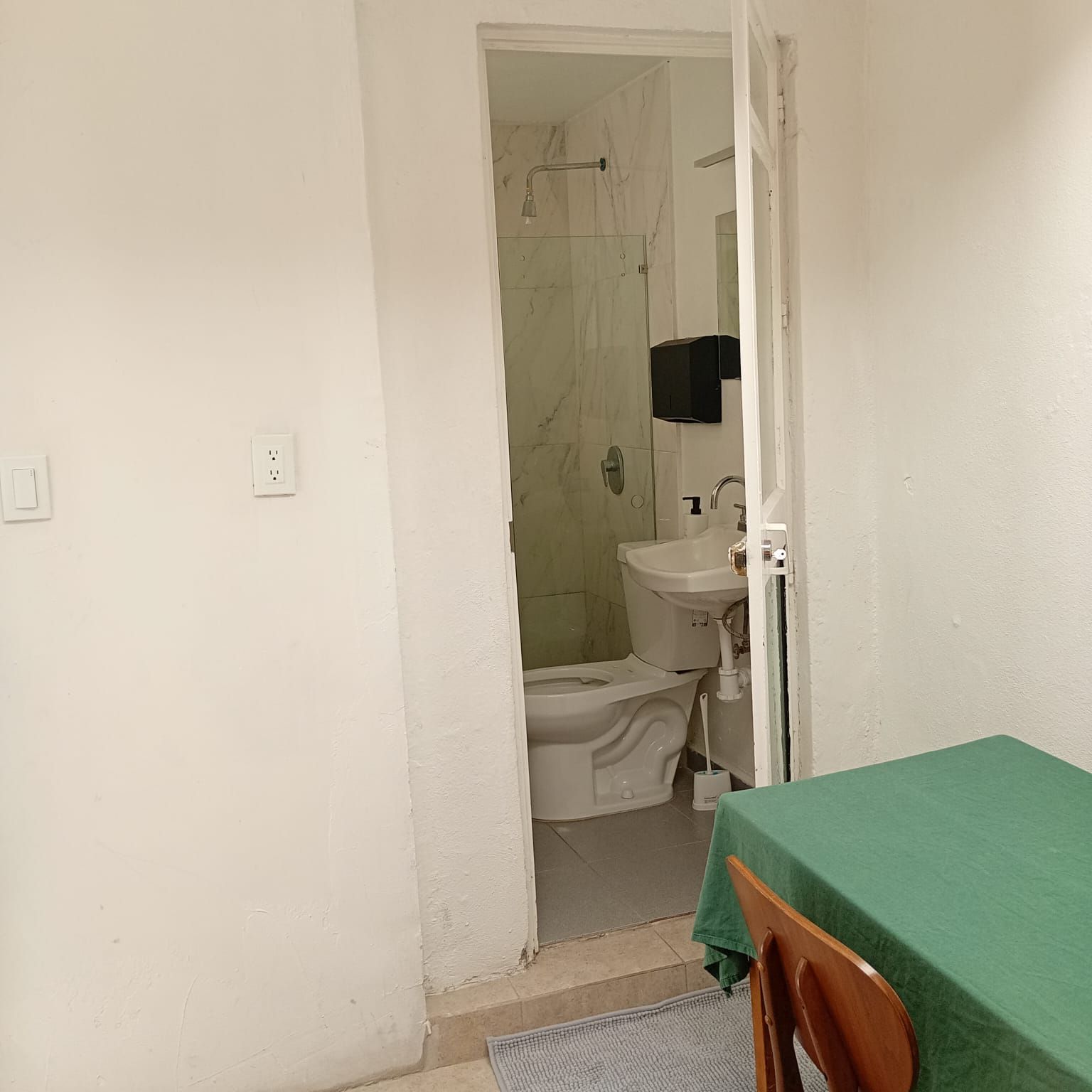 Un baño con inodoro, lavabo y ducha.