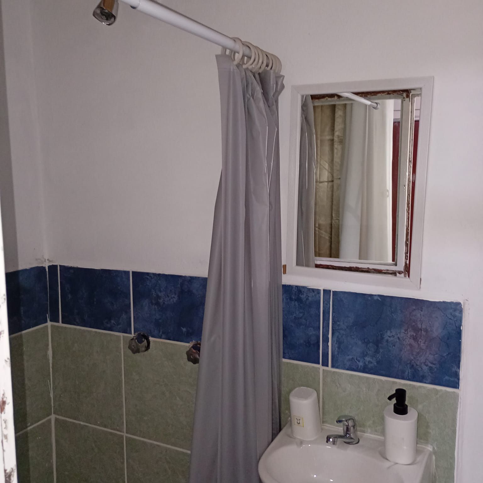 Un baño con cortina de ducha, una ventana, un lavabo con dispensador de jabón y un perchero para toallas.
