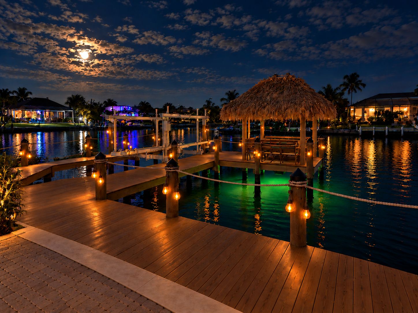 A wooden deck with a thatched-roof gazebo over water, surrounded by palm trees and a lit-up building in the background.