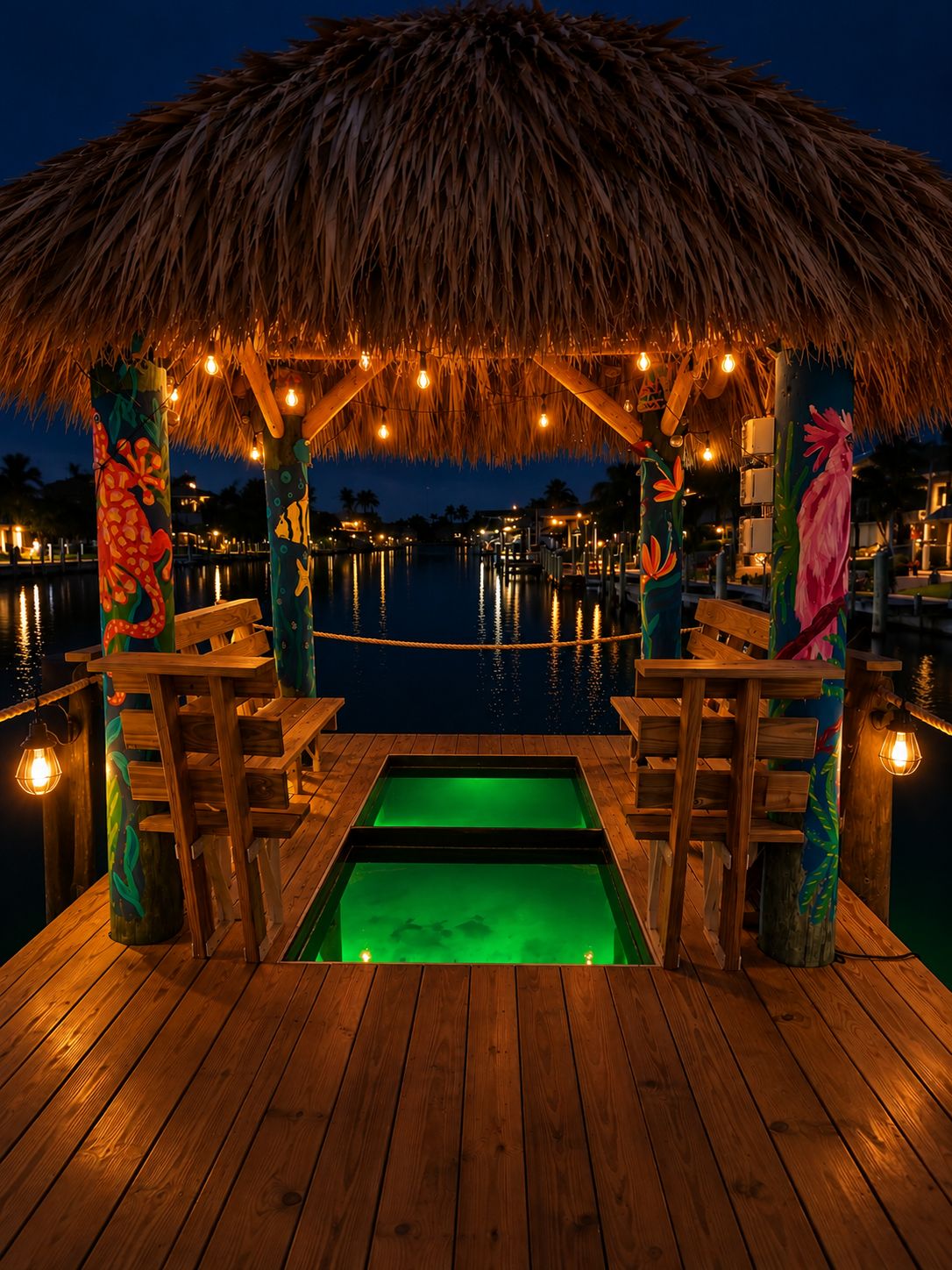 A wooden deck with a thatched roof, surrounded by water, and illuminated by string lights.