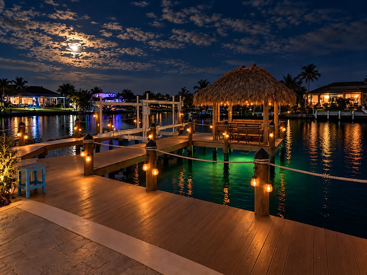 A wooden deck with a thatched-roof gazebo, a pool, and a view of a resort area at night.