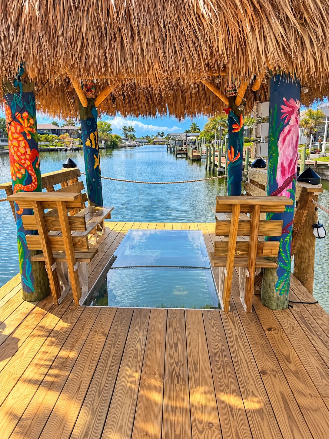 A wooden deck with a thatched roof, wooden benches, and a glass table.
