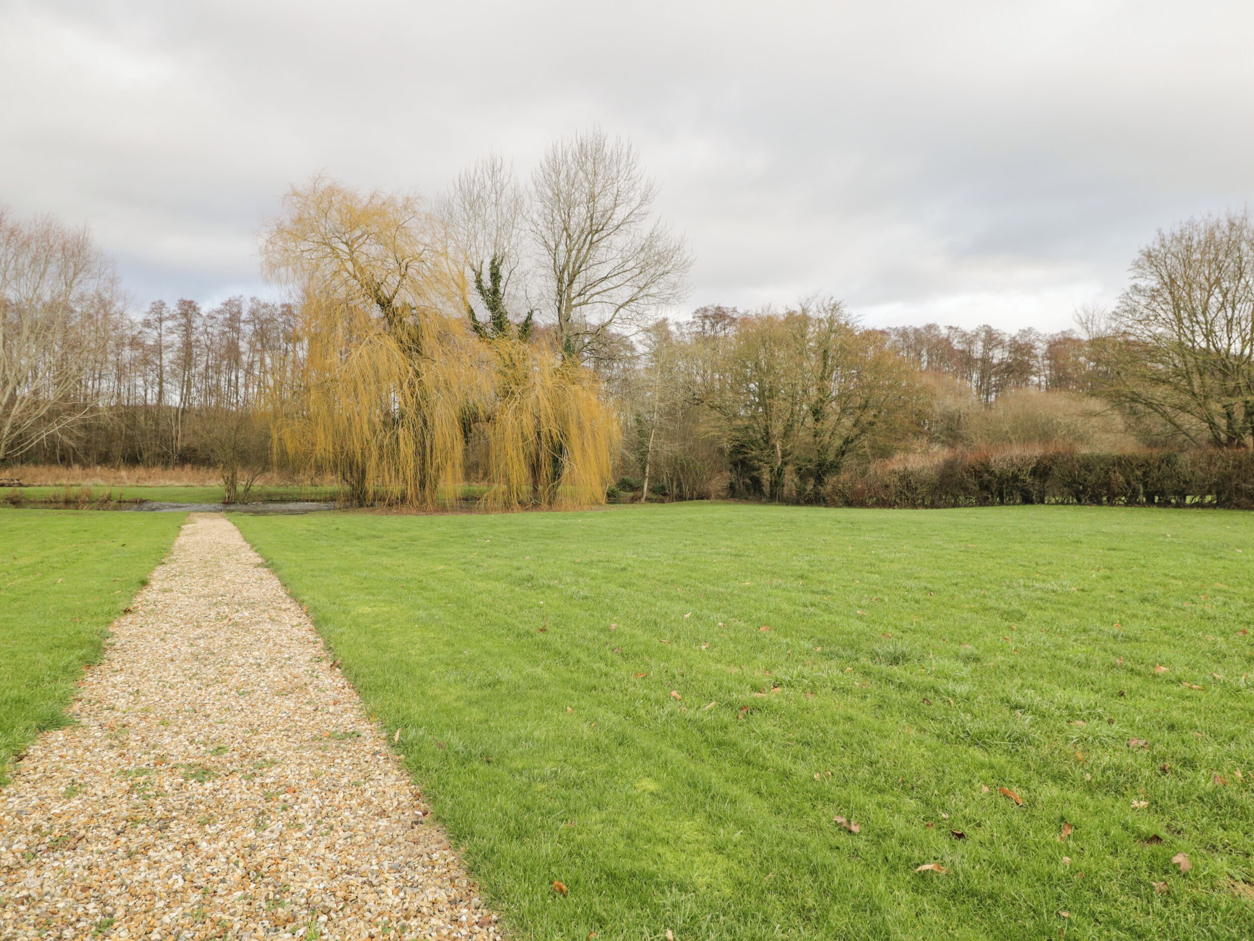 A grassy field with a gravel path leading through it, surrounded by trees and bushes.