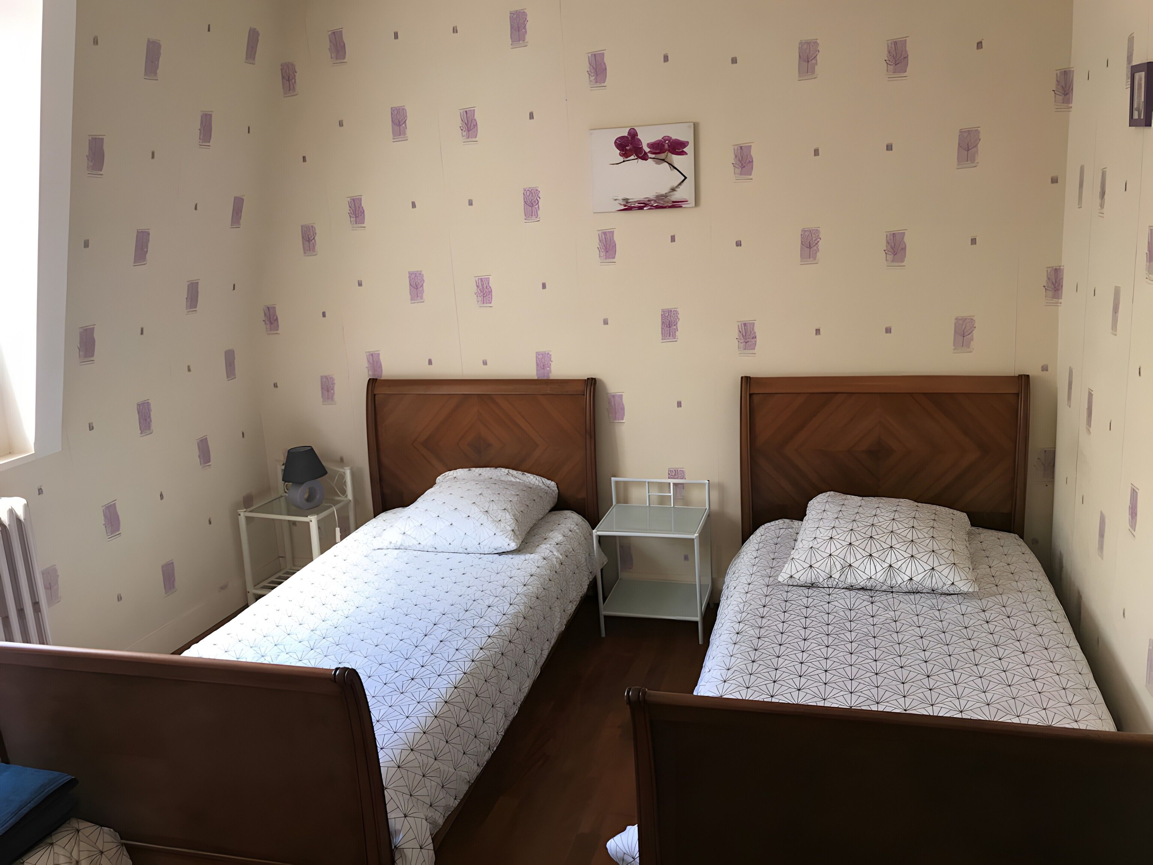 A room with two single beds, a small bedside table with a lamp, a wall-mounted picture, and a radiator.