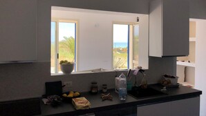 Eine Küche mit Blick auf einen Strand, einem Spülbecken und verschiedenen Küchenutensilien auf der Arbeitsfläche.