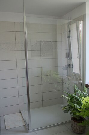 Dusche, Haartrockner, Handtücher, Seife