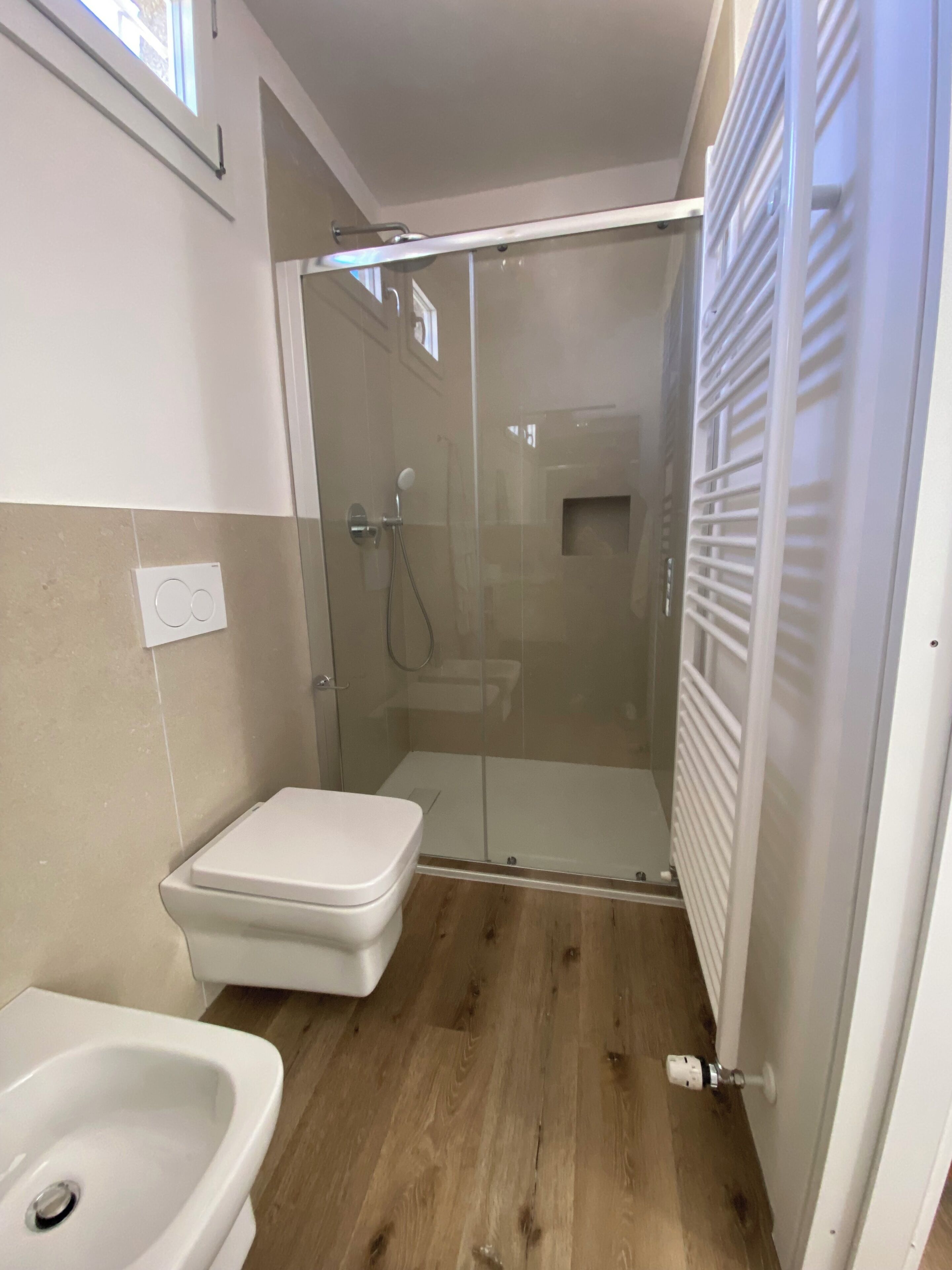 Shower, hair dryer, bidet, towels