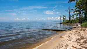 A beach with calm waters, sandy shore, and trees. - Award-Winner “The Carriage House”Gym+Pool Access (Powells Point)