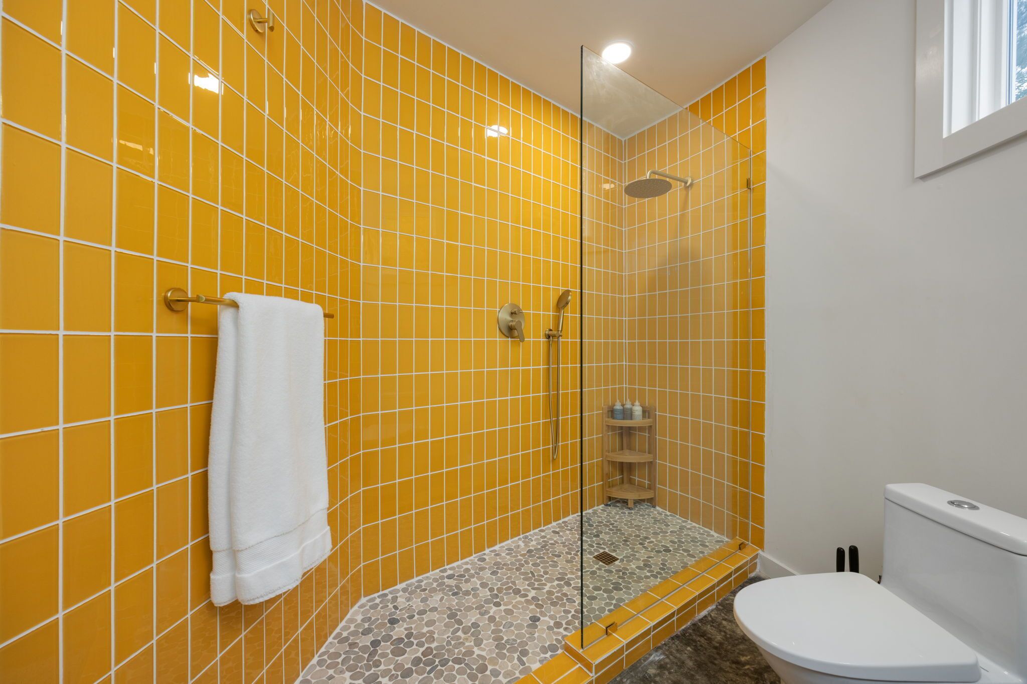 Douche, séchoir à cheveux, serviettes fournies, savon