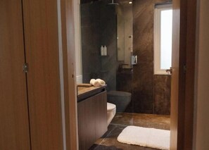 Dusche, Haartrockner, Handtücher, Shampoo