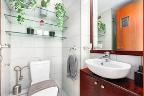Hair dryer, towels, soap, toilet paper