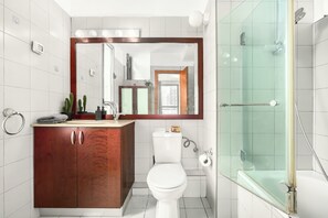 Hair dryer, towels, soap, toilet paper