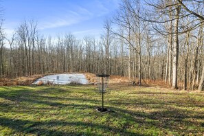 A disc golf course with a metal basket in the center, surrounded by a grassy field and a forested area. - Brawny Woods | Hocking Hills, Hot Tub, Fireplace (South Bloomingville)