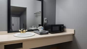 Hair dryer, towels, soap, toilet paper