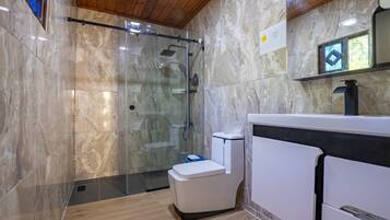 Shower, towels, soap, toilet paper