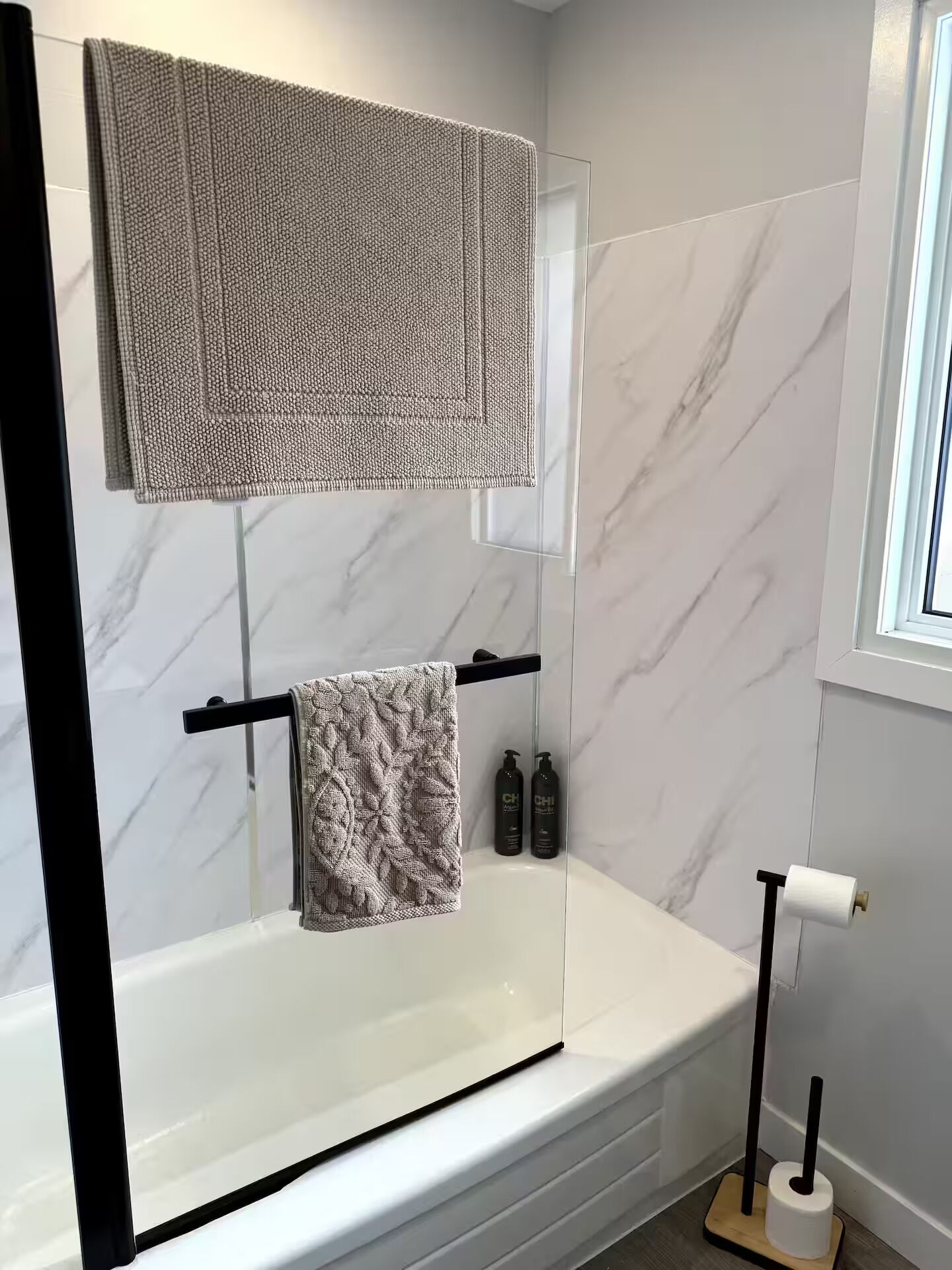 Hair dryer, towels, soap, toilet paper