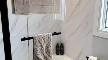 Hair dryer, towels, soap, toilet paper