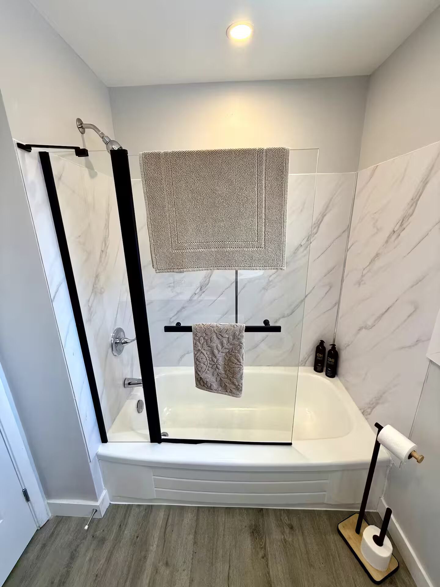 Hair dryer, towels, soap, toilet paper