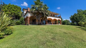 Une maison à deux étages avec une grande pelouse, un palmier et un ciel d’un bleu éclatant.