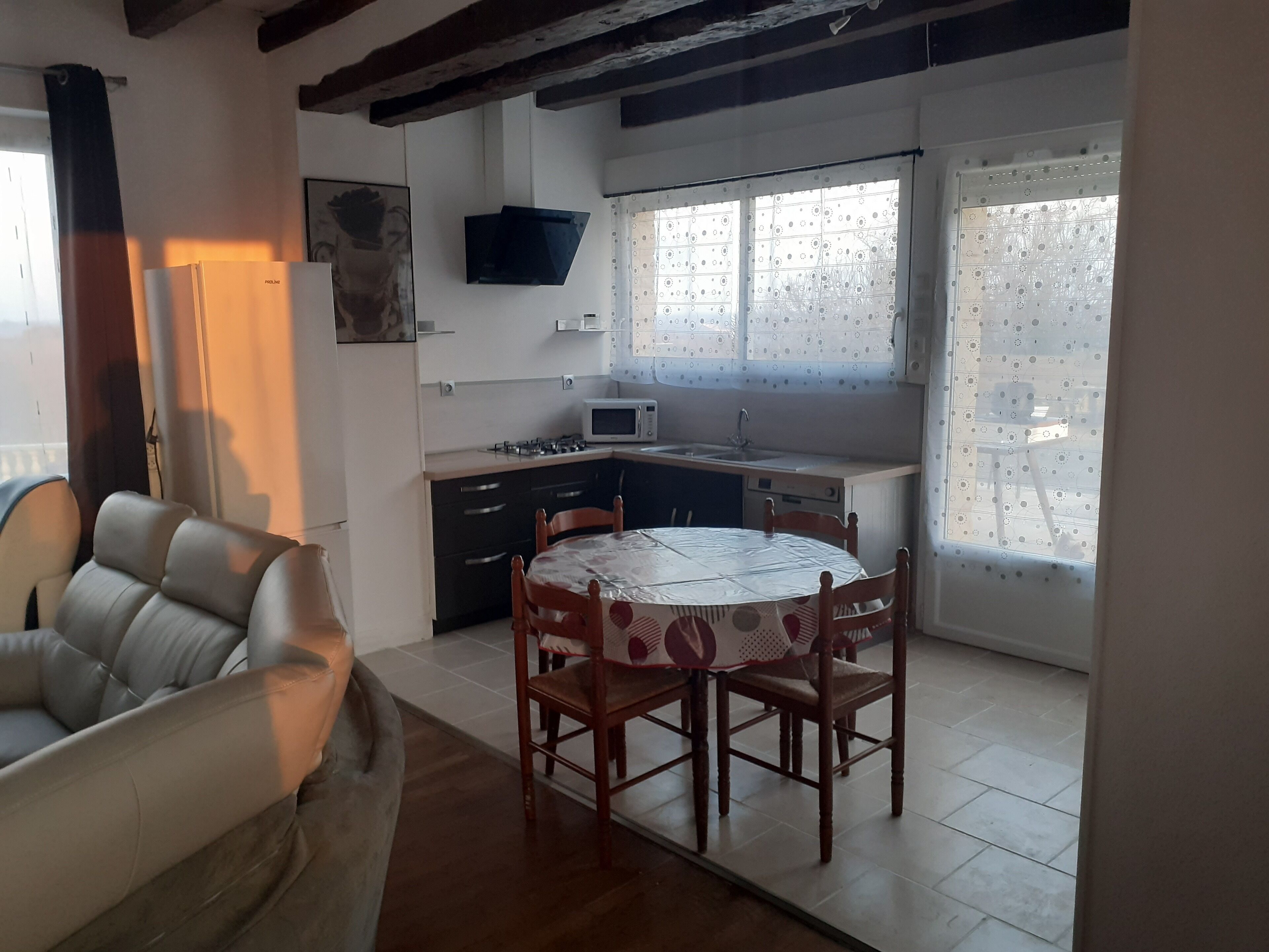 Un espace de vie compact comprenant un canapé, une table à manger avec des chaises, un coin cuisine avec un four à micro-ondes et une fenêtre agrémentée de rideaux à motifs.