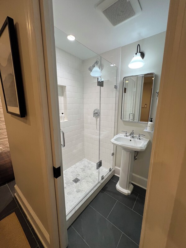 Shower, hair dryer, towels, soap - Charming 1-bedroom apartment in Dupont Circle Rowhome in Washington DC (Washington)