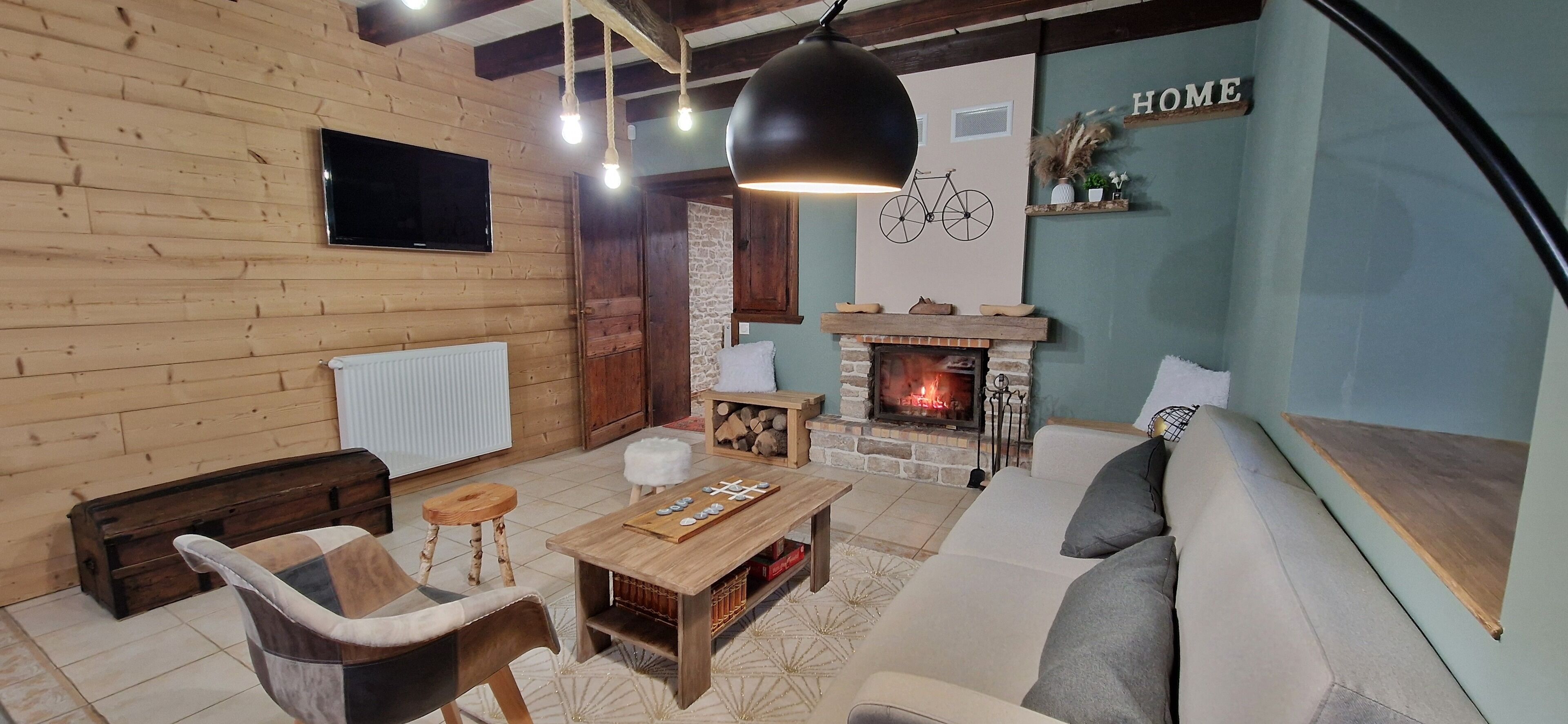 TV, fireplace, ping pong, books