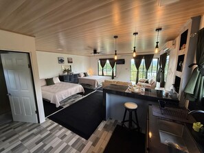 A modern room with a bed, a small kitchen area, and a dining space. - Arenal cautiva  (El Castillo)