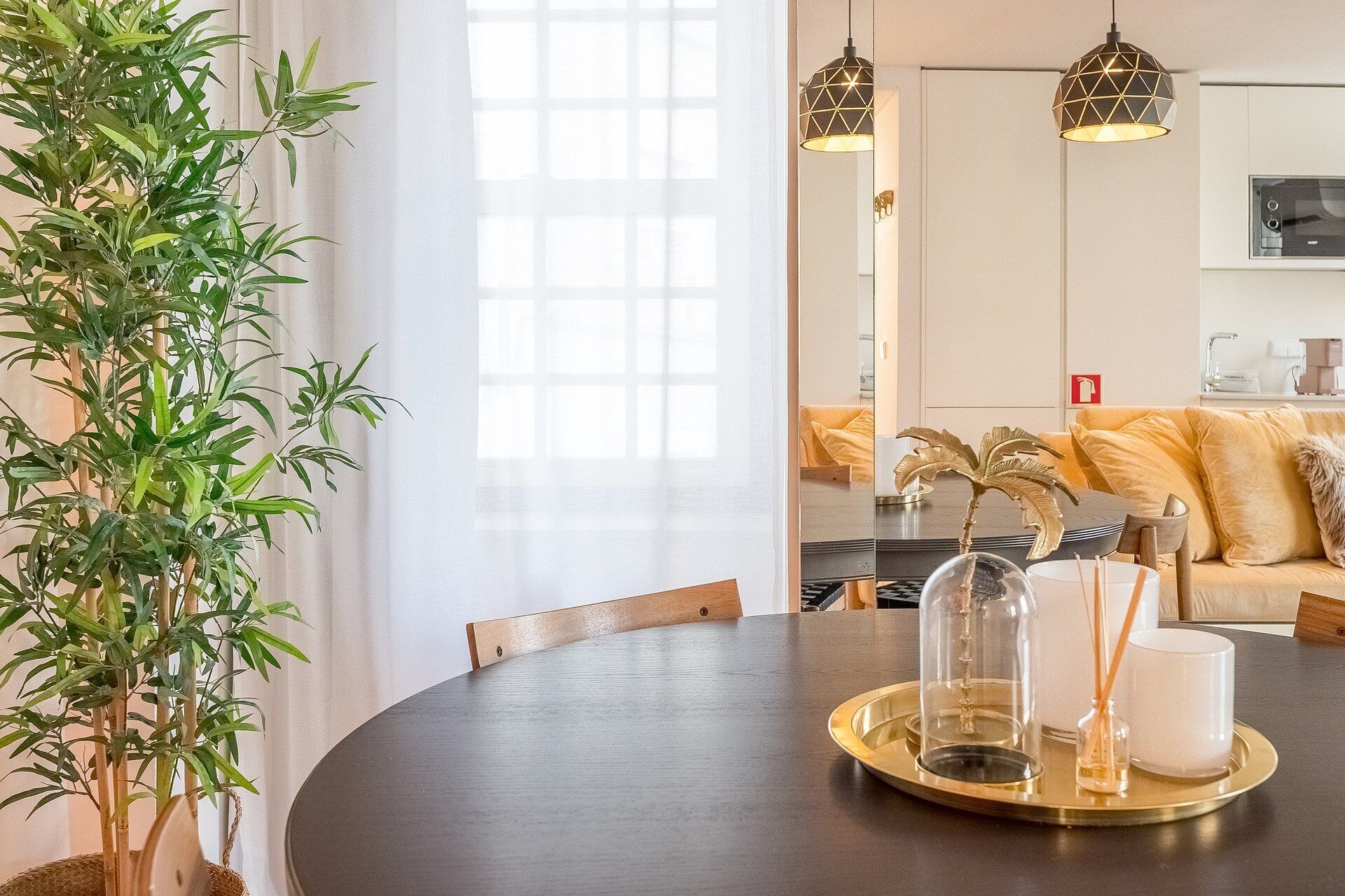 A dining area with a round table, chairs, a potted plant, and a decorative centerpiece.