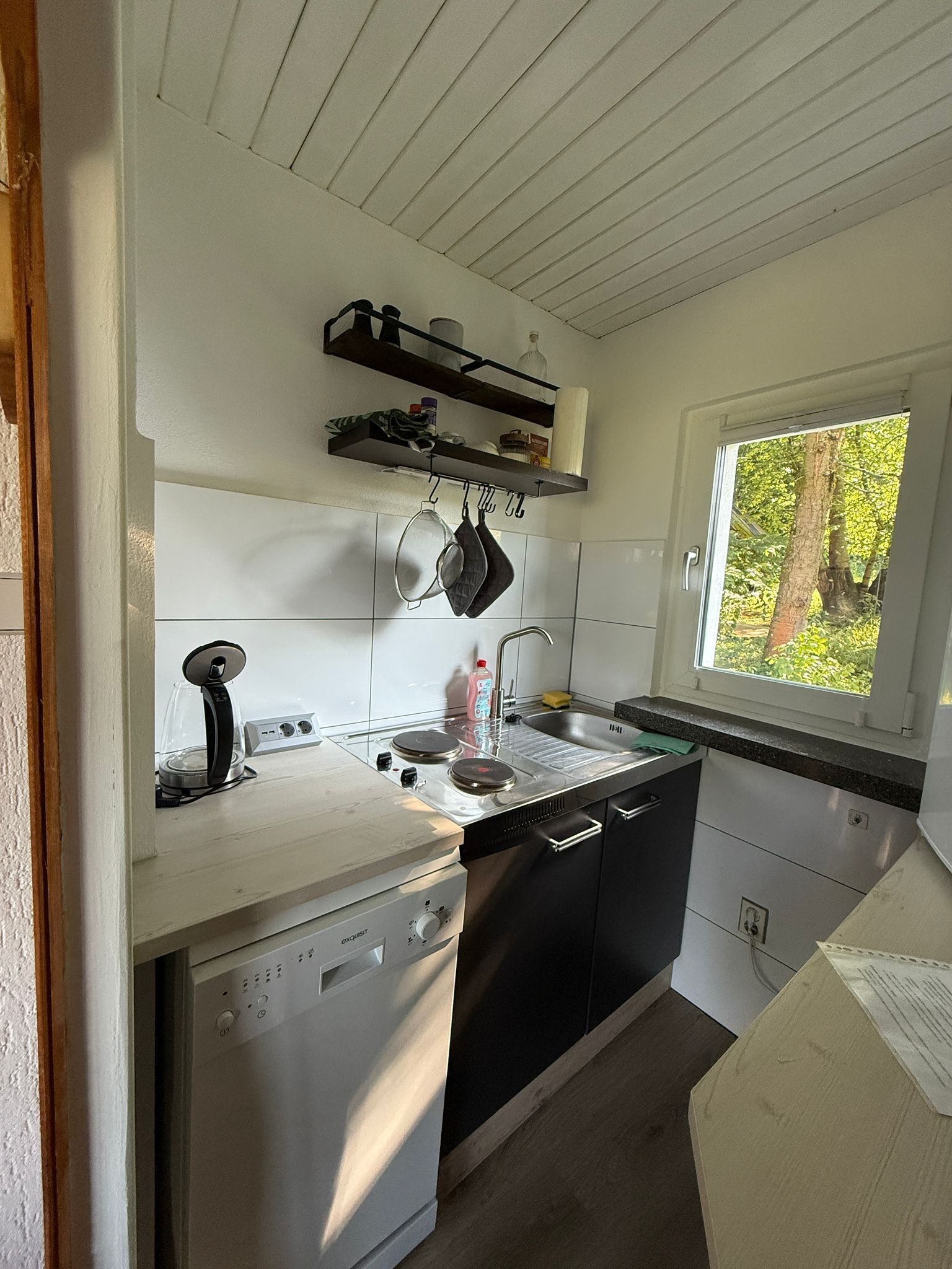 Una cocina compacta con lavavajillas, estufa y ventana con vistas a la vegetación.