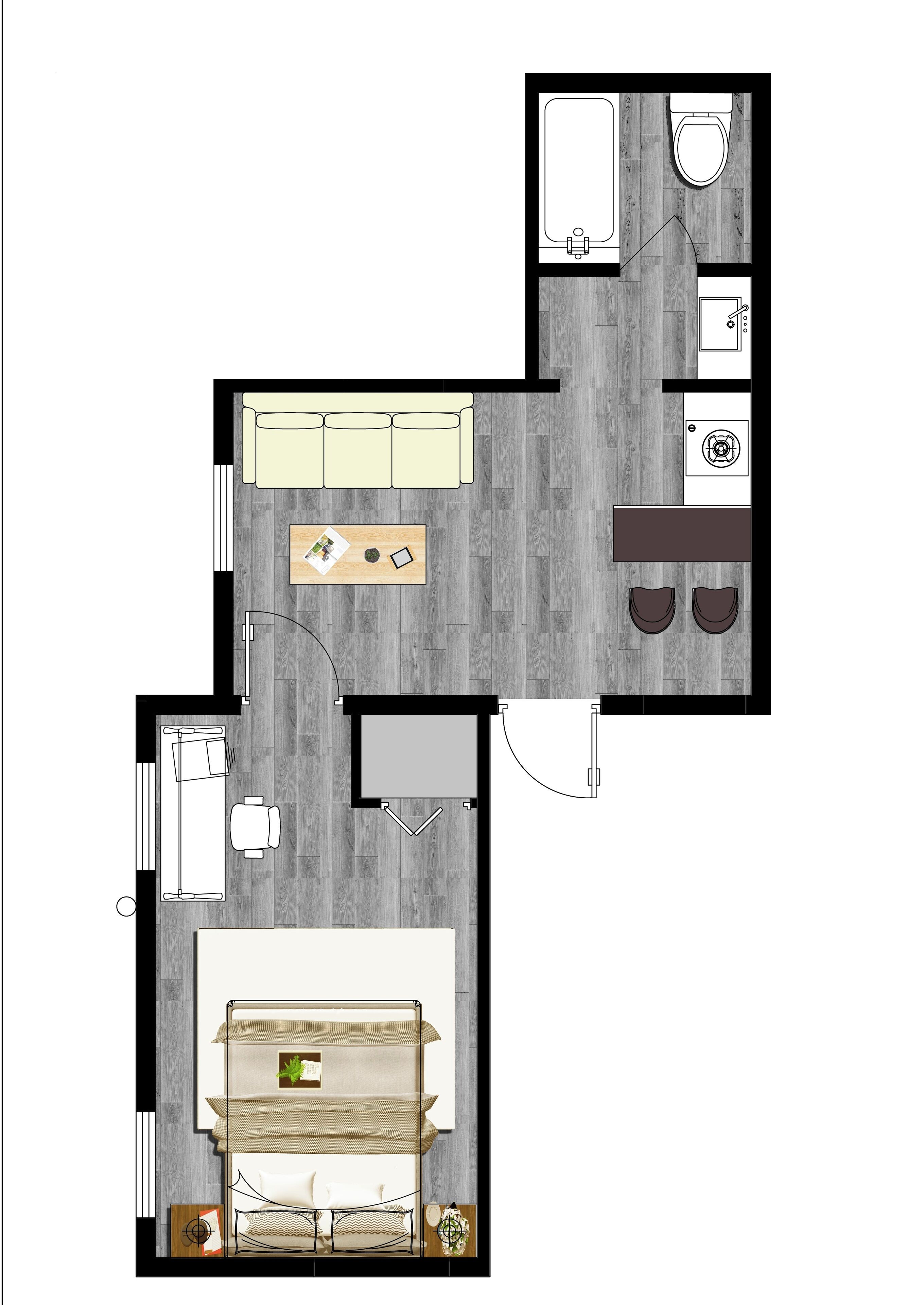 Un plan d’étage d’une chambre d’hôtel comprenant un lit, une table à manger, un canapé, un petit coin cuisine et une salle de bain.