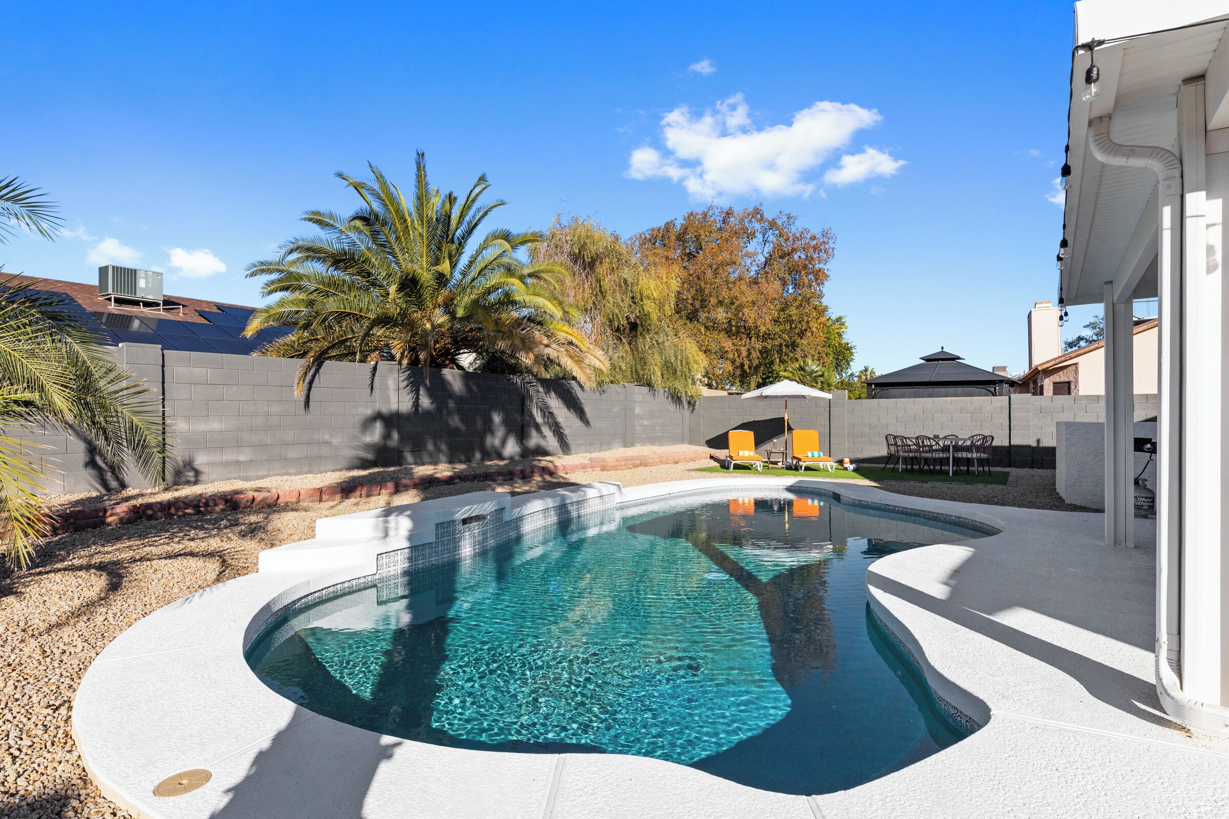 A swimming pool with a curved edge, surrounded by a white deck, palm trees, and a brick wall.